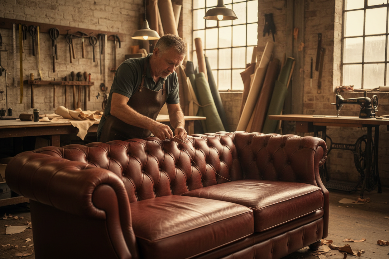 making of chesterfiled sofa at the workshop